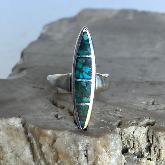 Sterling Silver 925 Southwest Style Elongated Turquoise Chip Inlay Ring Sz 5.5 - Picture 11 of 16